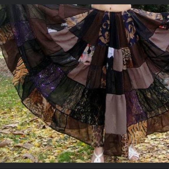 Brown Multicolor Patchwork Skirt, elastic waist. Size M New Ameynra design OOAK - Picture 3 of 4